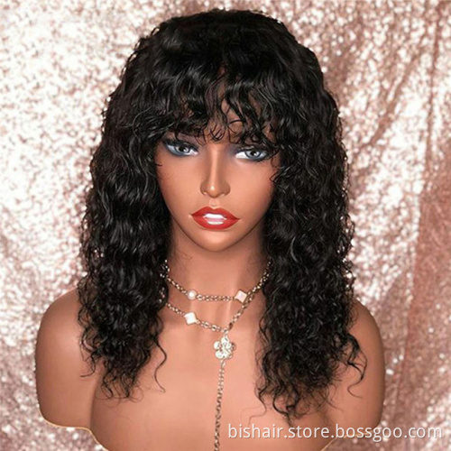 BIS Wholesale Brazilian Water Wave Human Hair Wigs With Bangs Full Machine Made Wigs For Women Remy Pixie Cut Bob Wig With Bang